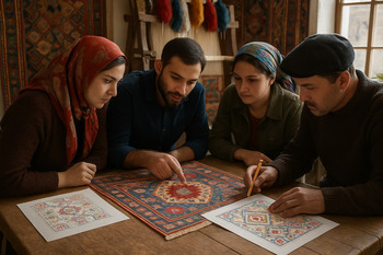 Azerbaycan halı atölyesinde motif analizi yapan ekip