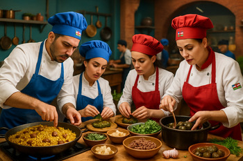 Azerbaycan mutfağı düellosunda ekipler plov ve dolma hazırlar