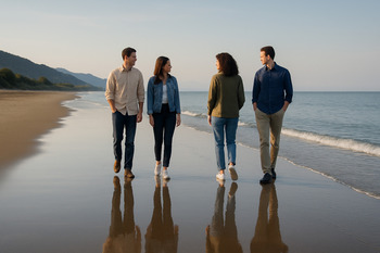 Hazar kıyısında yürüyüş ve yansıma