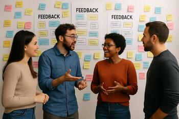 Ekip geri bildirim duvarı önünde
