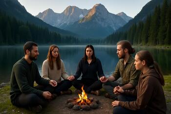 Dağ gölü kıyısında ritüel