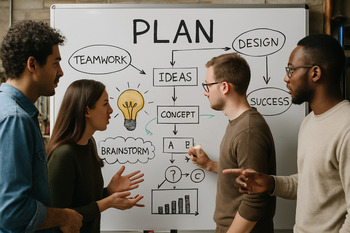 Atölyede beyaz tahta üstünde plan